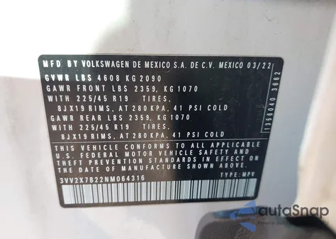 2022 Volkswagen Taos 1.5T Sel из США, поврежденный, VIN 3VV2X7B22NM064316